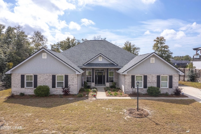 view of front of home with brick siding, roof with shingles, and a front yard