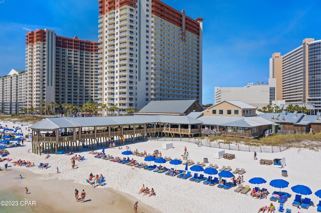 bird's eye view with a beach view