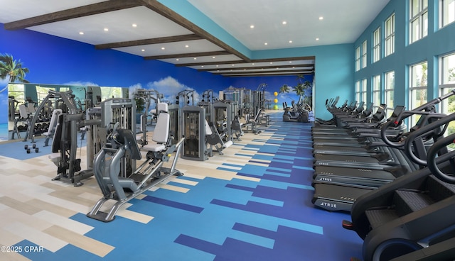 gym featuring recessed lighting and carpet