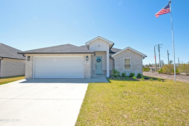 single story home with a garage, brick siding, concrete driveway, and a front yard