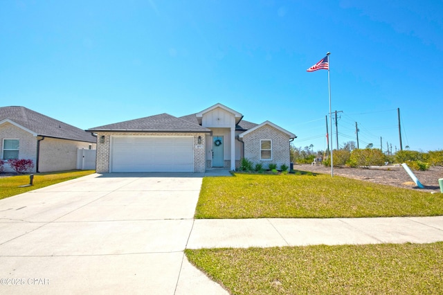 view of front of home with a front lawn, concrete driveway, brick siding, and an attached garage