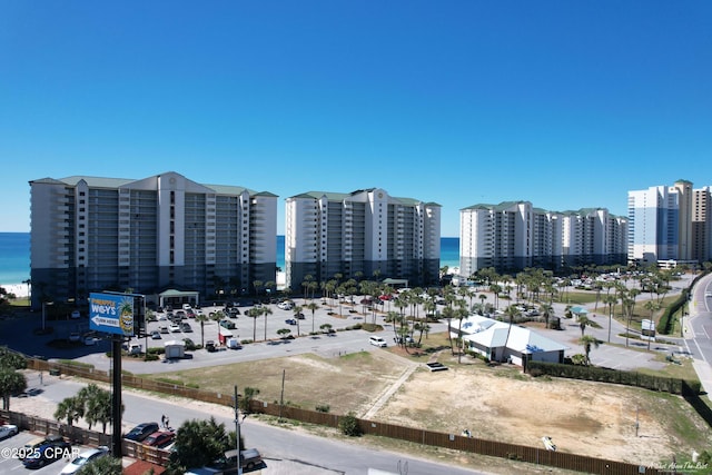 aerial view with a city view and a water view