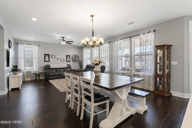 dining room featuring dark wood-style flooring, recessed lighting, visible vents, and baseboards