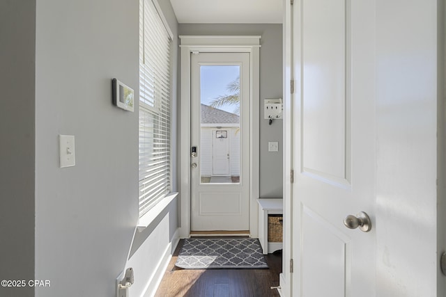 doorway to outside featuring dark wood-type flooring