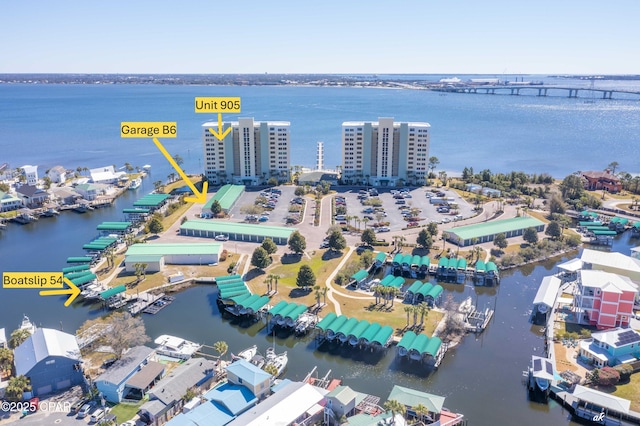 aerial view featuring a water view