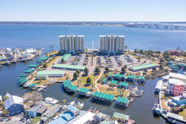 aerial view featuring a water view