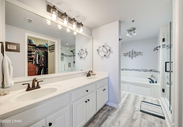 bathroom with a stall shower, a walk in closet, a garden tub, and a sink