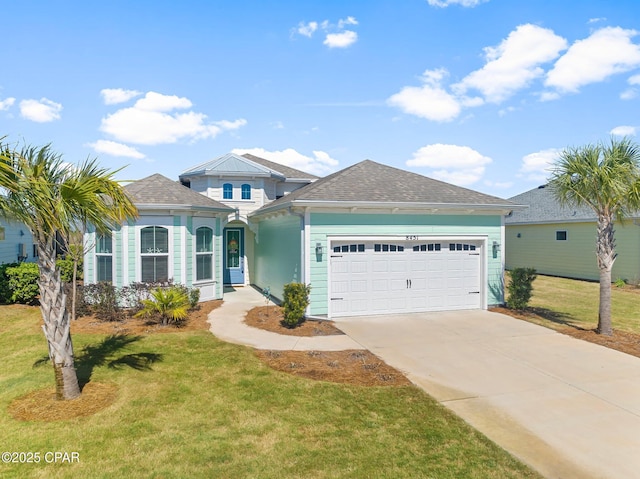 view of front of property featuring a front yard, a garage, and driveway