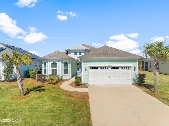 view of front of property featuring driveway, an attached garage, and a front lawn