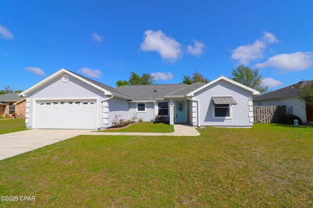 ranch-style house with driveway, stucco siding, fence, a front lawn, and a garage