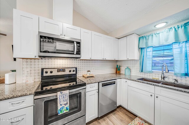 1705 Rhett Pl, Lynn Haven, FL 32444 - kitchen featuring stainless steel appliances, a sink, lofted ceiling, a textured ceiling, and decorative backsplash