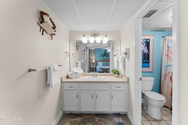 full bathroom featuring visible vents, connected bathroom, toilet, tile patterned floors, and vanity