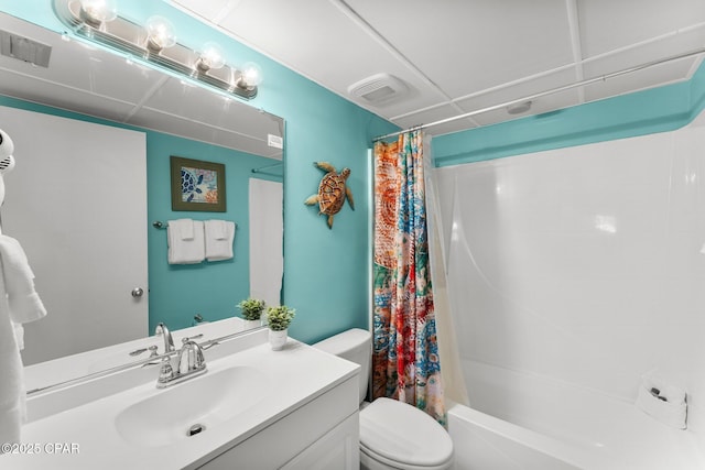 full bathroom featuring visible vents, toilet, shower / bath combo, and vanity