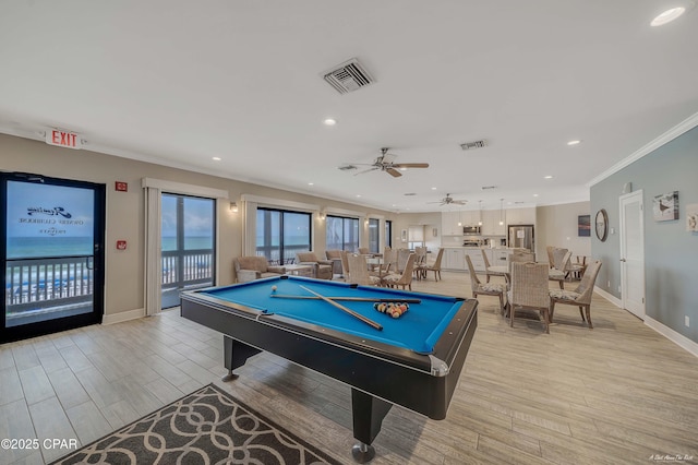 playroom featuring pool table, light wood-style flooring, visible vents, and ornamental molding