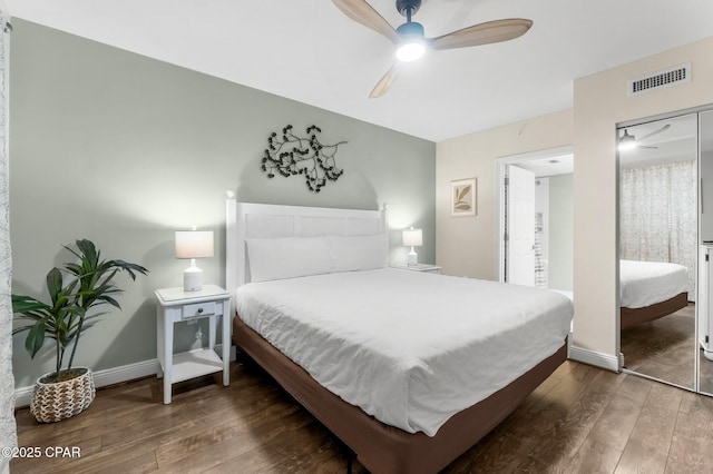 14701 Front Beach Rd Unit 1934, Panama City Beach, FL 32413 - bedroom with hardwood / wood-style floors, baseboards, visible vents, a ceiling fan, and a closet