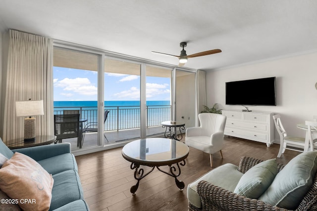 14701 Front Beach Rd Unit 1934, Panama City Beach, FL 32413 - living area with hardwood / wood-style floors, expansive windows, ceiling fan, and ornamental molding
