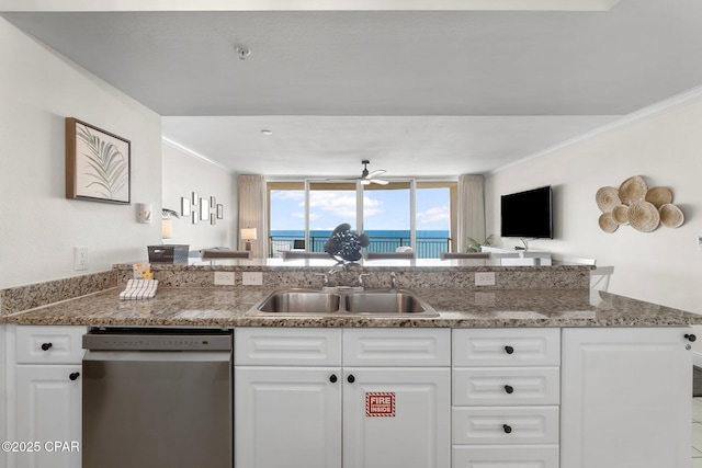 14701 Front Beach Rd Unit 1934, Panama City Beach, FL 32413 - kitchen featuring crown molding, a sink, white cabinetry, stainless steel dishwasher, and open floor plan