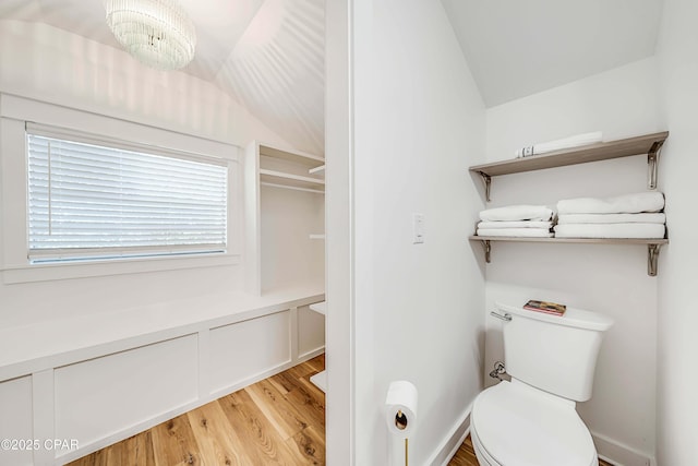 bathroom with vaulted ceiling, wood finished floors, and toilet