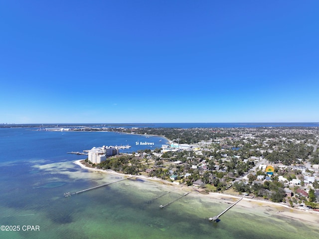 drone / aerial view featuring a water view