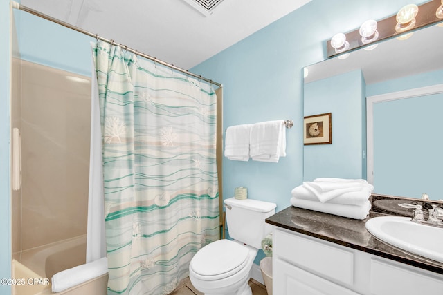 bathroom featuring visible vents, shower / tub combo, toilet, and vanity