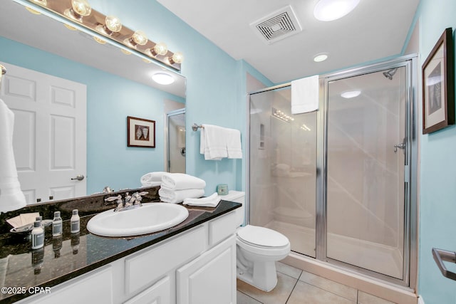 full bath with vanity, visible vents, a shower stall, tile patterned floors, and toilet