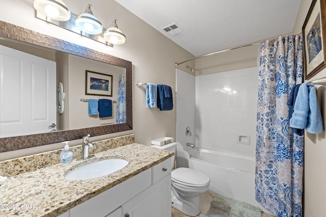 full bathroom featuring visible vents, toilet, shower / tub combo, tile patterned flooring, and vanity