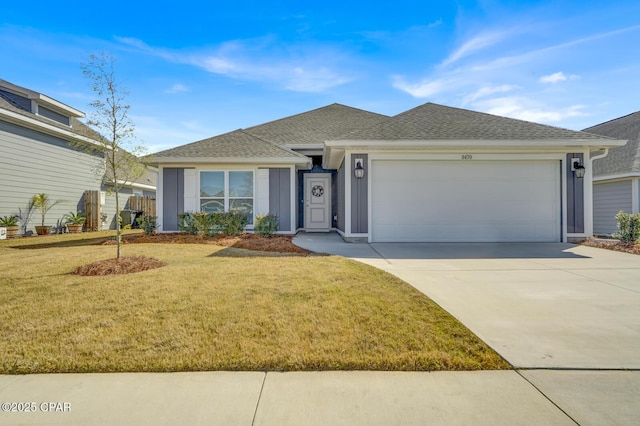 ranch-style house featuring a front lawn, concrete driveway, a garage, and a shingled roof