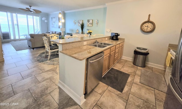 kitchen featuring ornamental molding, ceiling fan, a sink, stainless steel dishwasher, and open floor plan