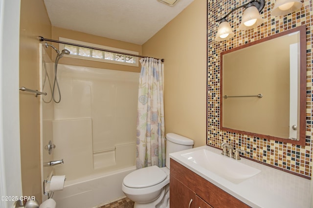 bathroom with vanity, decorative backsplash, a textured ceiling, toilet, and shower / tub combo with curtain