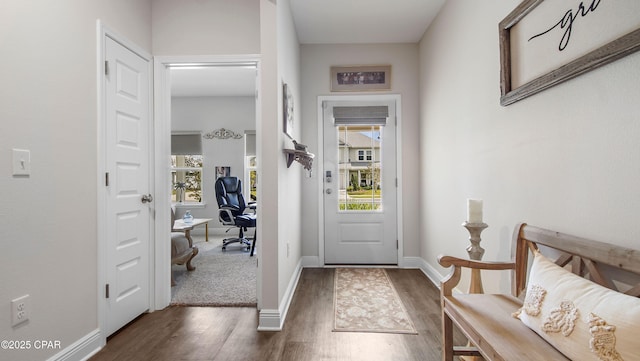entryway with baseboards, a wealth of natural light, and dark wood finished floors