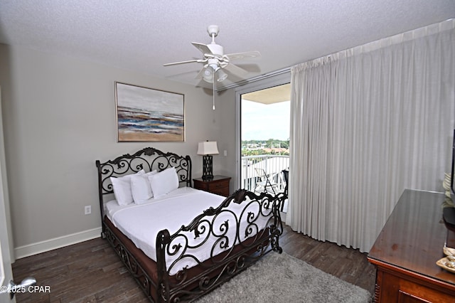 10811 Front Bch Unit 501, Panama City Beach, FL 32407 - bedroom with access to exterior, dark wood-style flooring, a textured ceiling, and ceiling fan