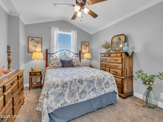 bedroom with a ceiling fan, baseboards, vaulted ceiling, light carpet, and crown molding