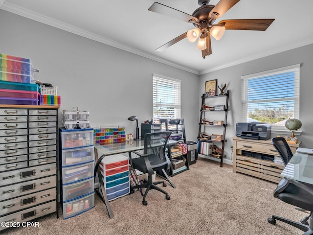 office space with baseboards, ceiling fan, carpet flooring, and crown molding