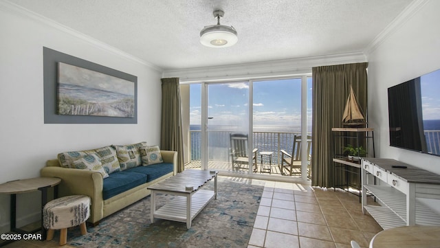 9450 S Thomas Unit 2106D, Panama City, FL 32408 - living area featuring tile patterned flooring, ornamental molding, and a textured ceiling