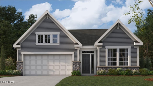 view of front of property featuring stone siding, driveway, and a front lawn