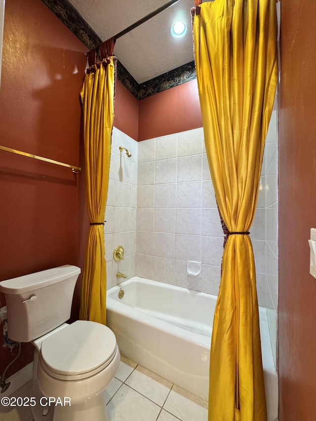 full bathroom featuring tile patterned flooring, a textured ceiling, toilet, and shower / bath combo