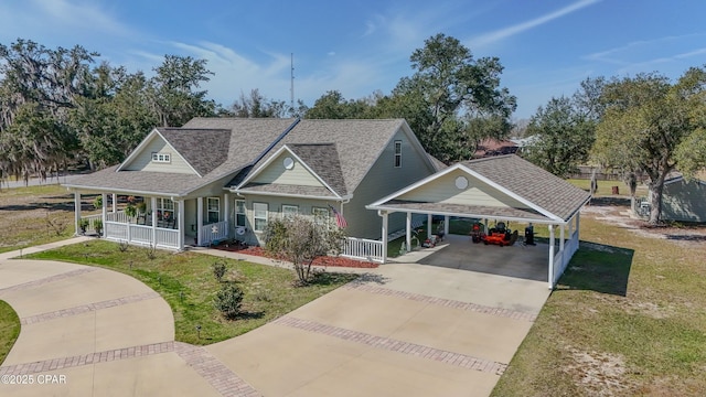 view of front of house with driveway, a front lawn, covered porch, a shingled roof, and an attached carport