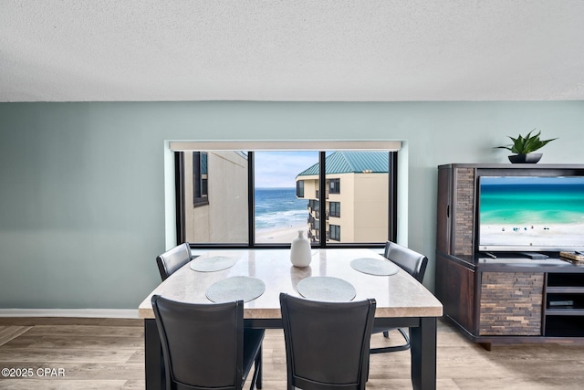 dining space with wood finished floors, baseboards, and a textured ceiling