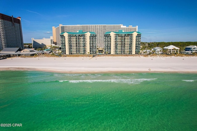 aerial view with a view of city, a beach view, and a water view