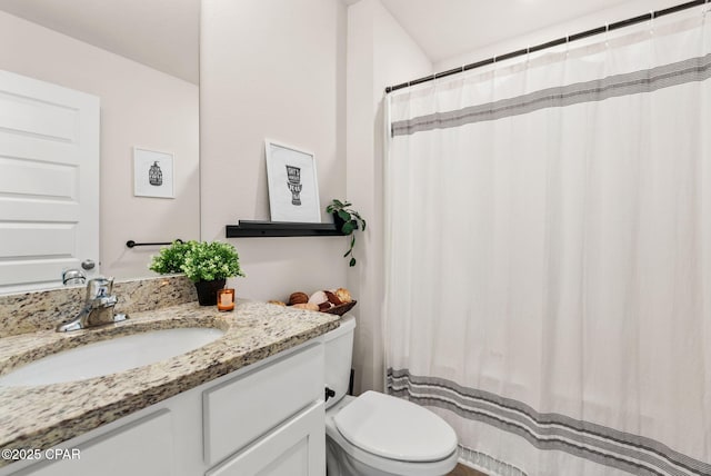 bathroom featuring a shower with curtain, toilet, and vanity