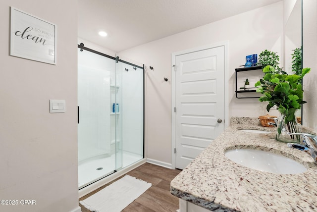 bathroom with a shower stall, wood finished floors, double vanity, and a sink