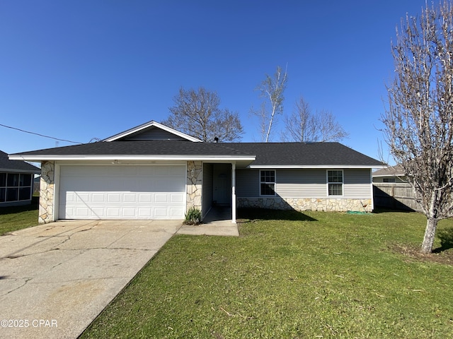 single story home with a front lawn, roof with shingles, a garage, stone siding, and driveway