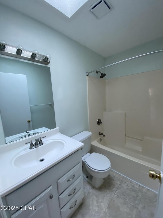 full bath with visible vents, toilet, tile patterned flooring, bathing tub / shower combination, and vanity