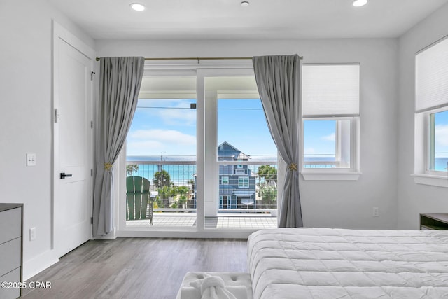 bedroom with wood finished floors, multiple windows, access to exterior, and recessed lighting