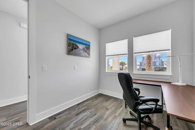 office featuring baseboards and wood finished floors
