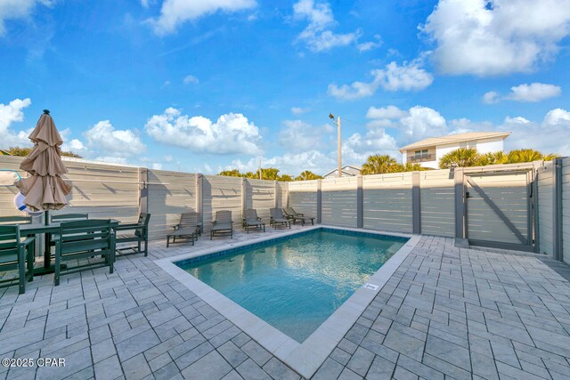view of swimming pool with a gate, a patio area, and a fenced backyard