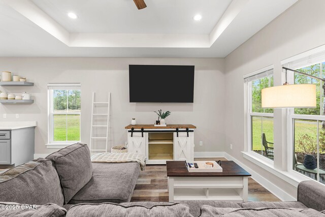 living area featuring a tray ceiling, recessed lighting, wood finished floors, and baseboards