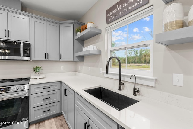 kitchen with light wood finished floors, a sink, gray cabinets, appliances with stainless steel finishes, and open shelves