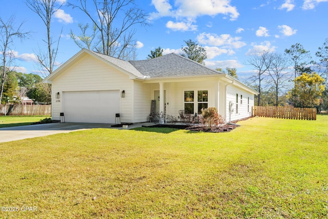 single story home featuring fence, roof with shingles, concrete driveway, a front yard, and a garage