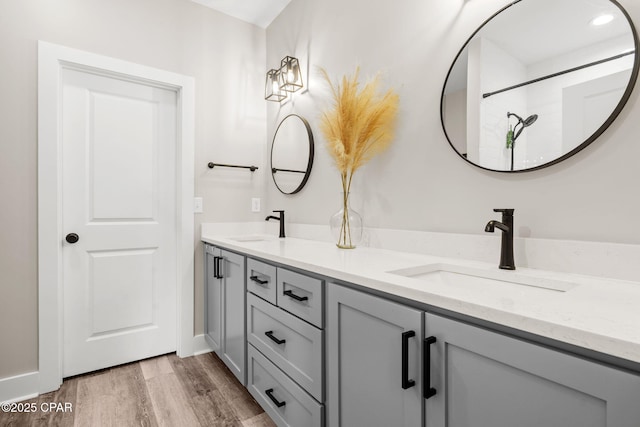 bathroom featuring double vanity, wood finished floors, and a sink